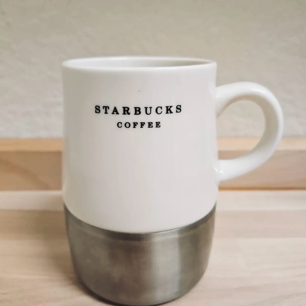 Starbucks Coffee VTG Travel Mug White Ceramic Stainless Steel Still Base 14 oz